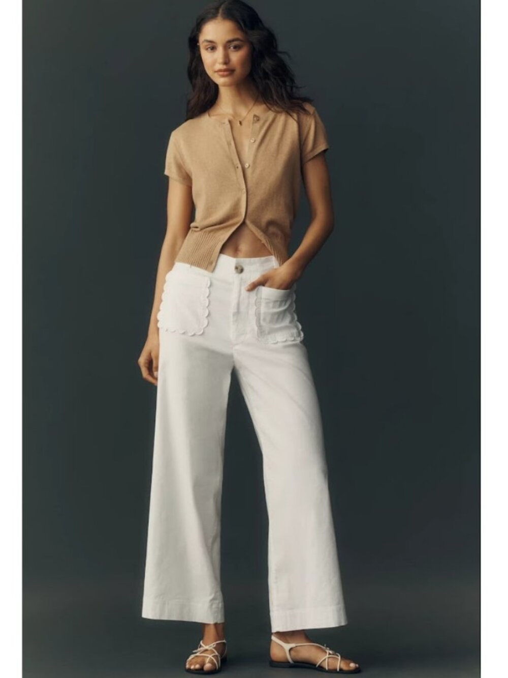 Maeve The Colette Magic Fabric Scallop Pocket Pants Wide Leg High Rise White 28 - Picture 1 of 13